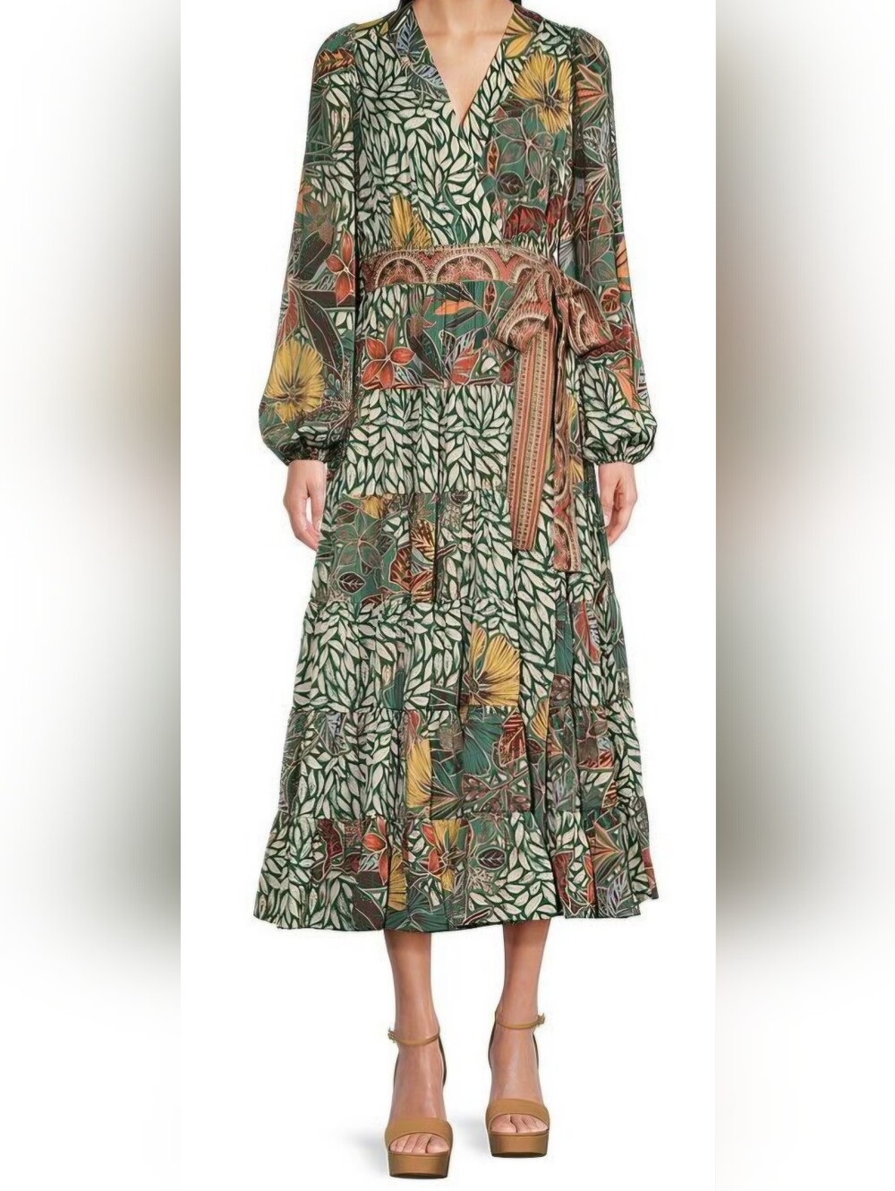 Gibson Latimer Tropical Leaf Print Maxi Dress Size XL V-Neck Boho Resortwear